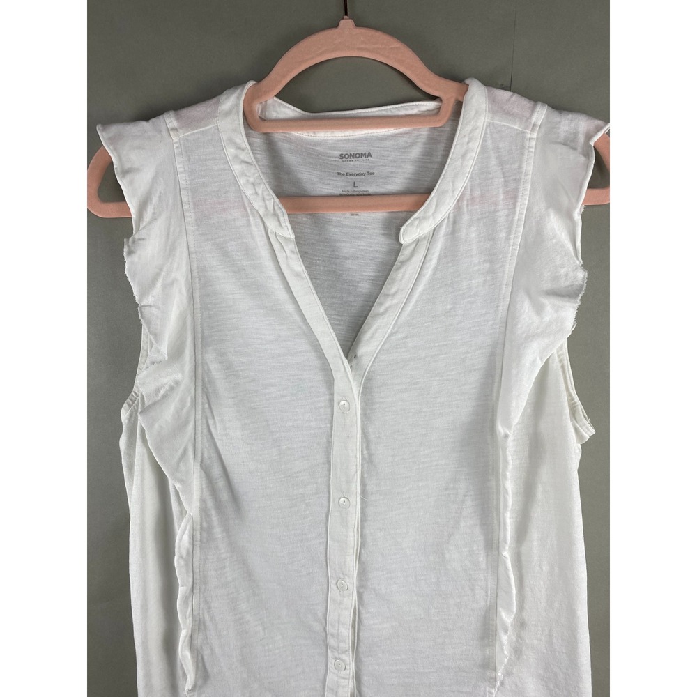 Sonoma Women Top L White Sleeveless Button Front Ruffle Slub Knit Everyday Tee - Picture 2 of 10